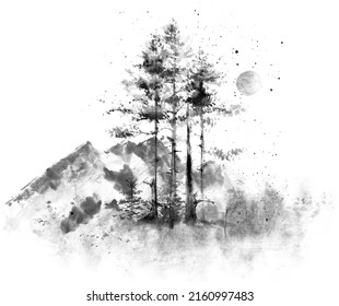 Sumi-e painting - atmospheric landscape of mountains and trees. In the style of Chinese painting.