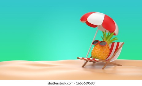 summer 3d concept.3d illustrate pineapple sit on bench chair on summer vacation trip