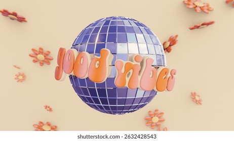 Summer 3D horizontal backgrounds falling flower sparse daisy hippie disco ball infographic good vibes trendy retro vintage vibe cool groovy doodle cartoon image rendered poster club rave relax sun