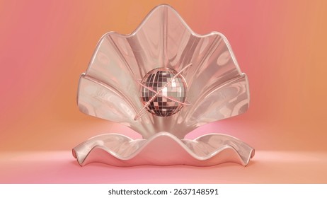 Summer 3D horizontal image render shell pearl gem disco ball beach ocean 1970s pink groovy vintage retro vibe greeting card advertisement poster trendy neon cartoon backgrounds dance party pop club