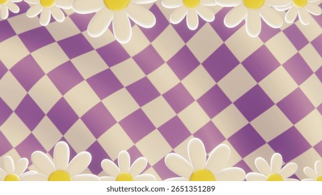 Summer 3D horizontal render wallpaper flower daisy checkers textured pattern layer retro doodle groovy cartoon poster banner frame sale trendy vintage hippie vibe cool purple yellow colors backgrounds