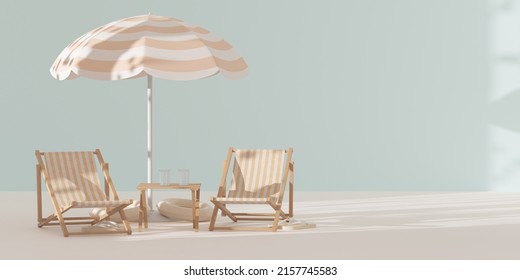 Summer Aesthetic Background. Beach Chair, Inflatable Ring, Sun Umbrella, Flip Flop In Pastel Colors. 3d Illustration.