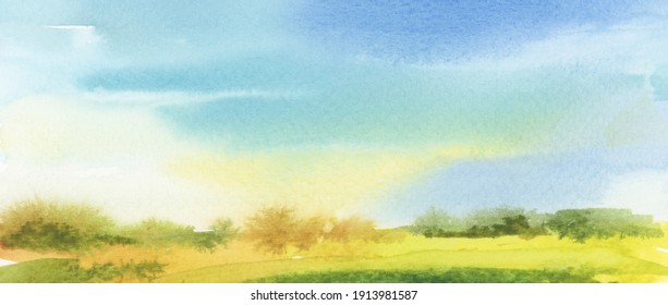 Summer (autumn) Landscape  Abstract Watercolor And Acrylic Flow Blot Smear Painting. Color Canvas Texture Horizontal Long Background. 