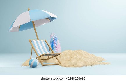 summer background 3d product display platform scene with surfboard platform. sky cloud summer background 3d render on the ocean display. podium on sand beach cosmetic product display stand