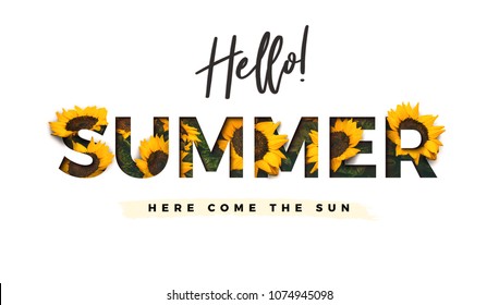 Summer Background Brilliant Design With Real Sunflowers Blooming In Precious Papercut Wording Hello Summer, Here Come The Sun. Illustration Design For Your Unique Holiday Poster, Banner, Headline Text