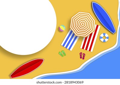 Summer background with a clean sandy beach, blue sea, striped umbrella, rugs, thongs, lifebuoy, ball and surfboards. Handmade composition with a white blank space for logo, paper photo. Relax and recr