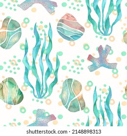 Summer Background.Seaweeds And Sea Pebbles Seamless Pattern Watercolour. Coral Watercolor. Sea Rocks. Hand Drawn Painting. Marine Underwater Background.