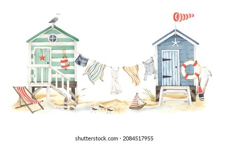 Summer banner with beach huts, birds seagulls, sandpipers and decorative design elements, watercolor illustrations, beach houses with symbols of hobbies and leisure on coast sea, ocean or lake.