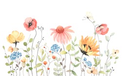 Summer Banner With Colorful Wildflowers And Abstract Green Plants, Isolated Watercolor Illustration For Card, Border, Wallpaper, Poster Or Template Your Design.