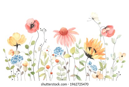 Summer Banner With Colorful Wildflowers And Abstract Green Plants, Isolated Watercolor Illustration For Card, Border, Wallpaper, Poster Or Template Your Design.