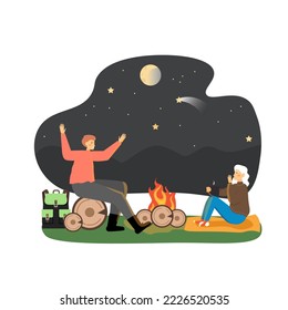 Summer bbq scene. Happy romantic couple sitting at campfire, drinking tea late at night, flat illustration. Young man and woman talking to each other. Outdoor barbeque picnic, bbq party. - Powered by Shutterstock