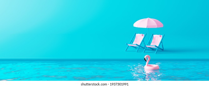 Summer Beach Chair On Swimming Pool. Creative Minimal Summer Concept Idea On Blue Background 3D Render 3D Illustration