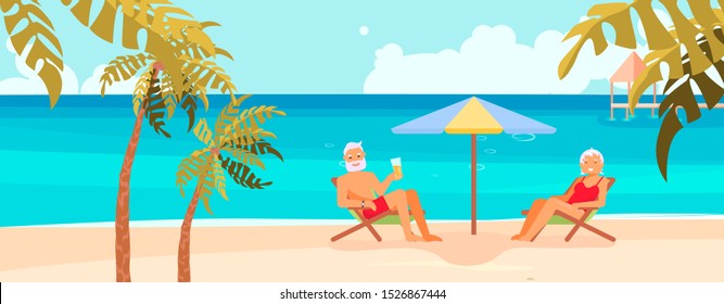 Summer beach landscape background. Holidays and vacations banner with Senior age couple family people on vacation. Flat Art Rastered Copy - Powered by Shutterstock