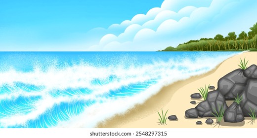 Summer beach landscape consisting of white sand, waves, blue sky, rocks and trees. - Powered by Shutterstock