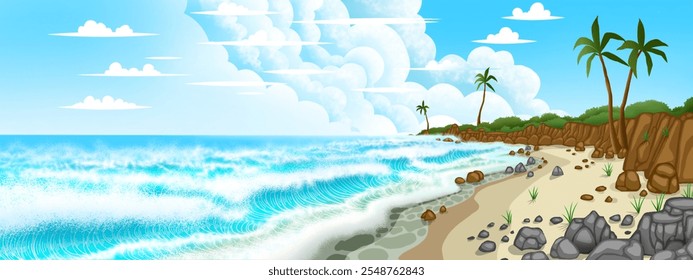 Summer beach landscape consisting of white sand, waves, blue sky, stone and trees. - Powered by Shutterstock