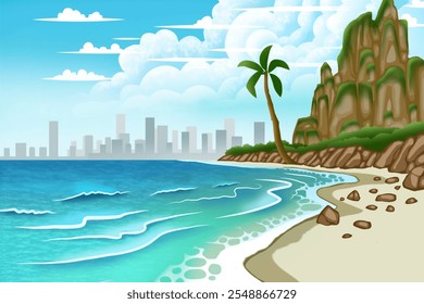 Summer beach landscape consisting of white sand, waves, blue sky, city silhouette, rocks and trees. - Powered by Shutterstock