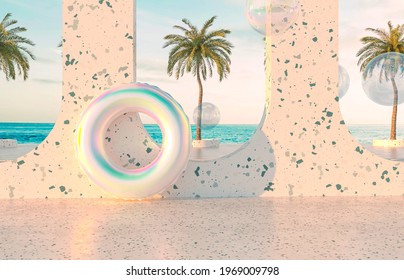 Summer Beach Scene Background With Holographic Inflatable Ring Pool Float. 3d Rendering.