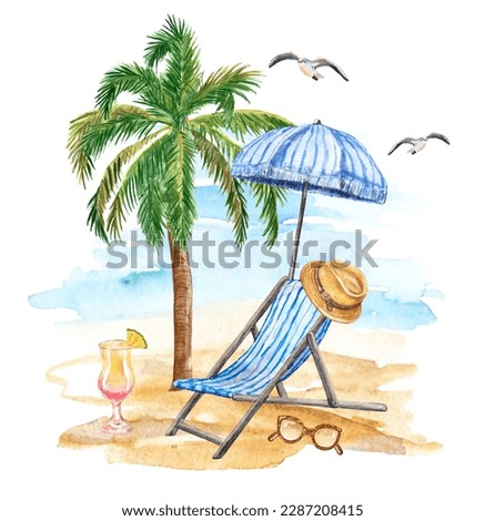 Summer beach scene, watercolor hand-painted illustration. Blue chair, umbrella, palm tree, and seashore on white background.