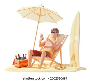 Summer beach travel and vacation. Young man in shorts sunbathing in deck chair with smartphone. Umbrella on beach, surfboard, drinks in ice cooler box. Holidays on sea or ocean beach. 3d illustration - Powered by Shutterstock