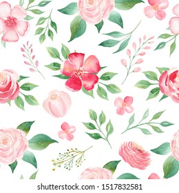 Summer bloomy flowers bouquet seamless watercolor raster pattern. Orchid, magnolia and chrysanthemum petals and twigs decorative background. Blossoming plants wrapping paper, wallpaper textile design