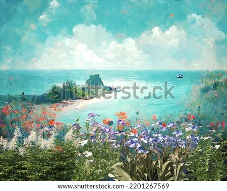 Summer  blue sky green sea  water wild flowers on beach nature landscape , impressionism art background 