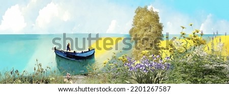 Summer  blue sky green sea  water wild flowers on beach nature landscape , impressionism art background