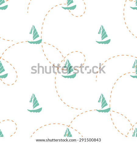 Summer boats seamless pattern background in doodle style. Linear graphic fabric on white.