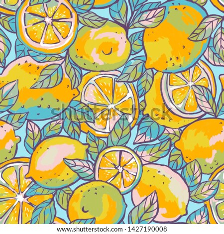 Summer bright seamless pattern with lemons - slices and whole fruits. Fruit fabric design in impressionism style. Repeat background.