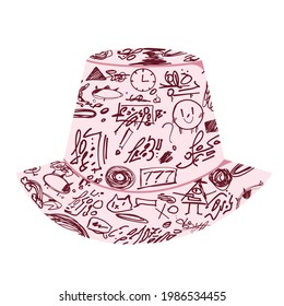 Summer Bucket Hat, beige panama with graffiti print, flat illustration. Fashion beach sun cap, accessory. Stylish unisex Hat Reversible Bob. Women's headwear isolated on white background - Powered by Shutterstock