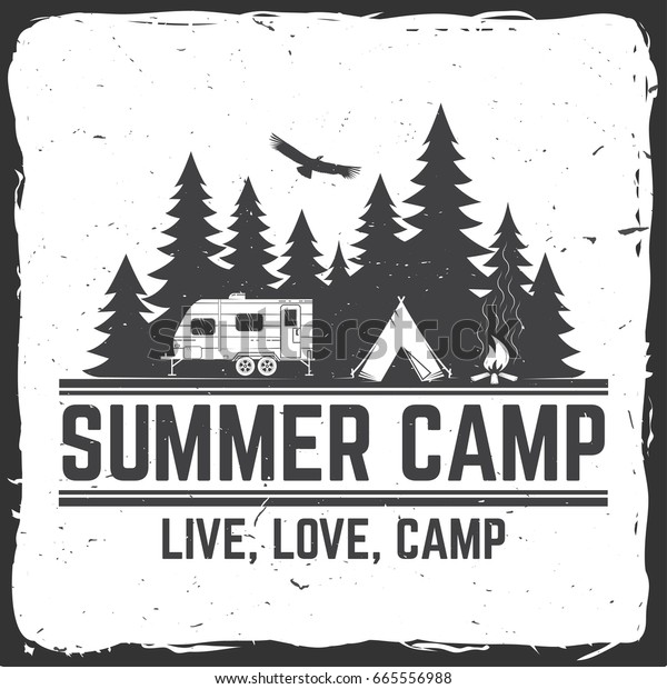 Summer camp. Concept for shirt or logo,\
print, stamp or tee. Vintage typography design with rv trailer,\
camping tent and forest\
silhouette.