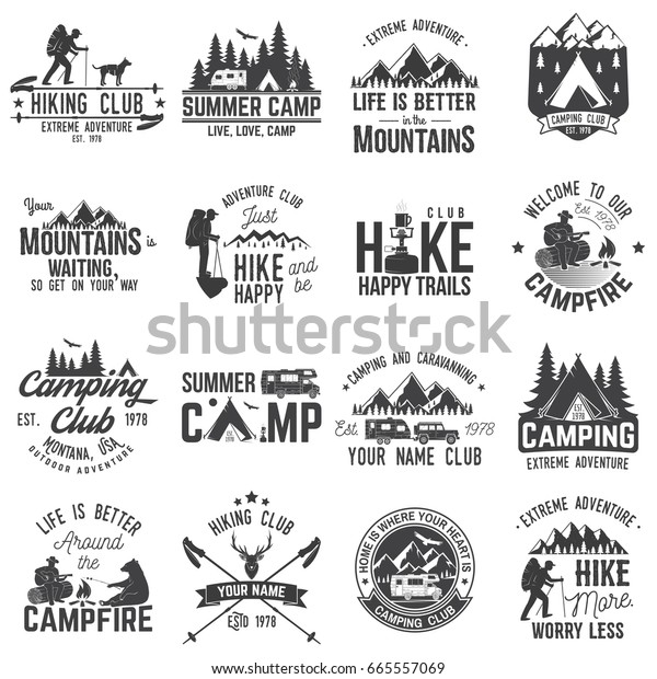 Summer camp with design elements.\
Set of extreme adventure badges. Vintage typography design with rv\
trailer, camping tent, man with guitar and forest\
silhouette.