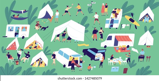 Summer camp festival. People or tourists living in tents, travel trailers and camper vans, cooking and eating food outdoor, playing, talking to each other. Flat cartoon colorful illustration - Powered by Shutterstock