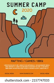 Summer camp flyer A4 format. Camping Adventure poster graphic design with mountains, river and text. Stock retro card