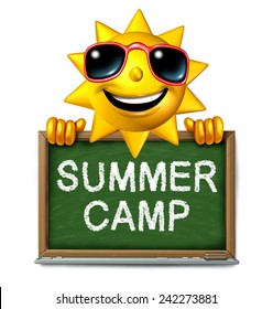 Summer Camp Message On A School Chalk Board With Text Written As A Symbol Of After School Recreation And Fun Education With A Happy Sun Character As An Icon For Childhood Success.