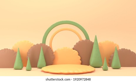Summer camp on a green lawn with empty pedestal. Clouds, trees and plasticine mountains. Cute illustration in pastel colors. Minimal 3d art style. Empty space for advertising baby products 