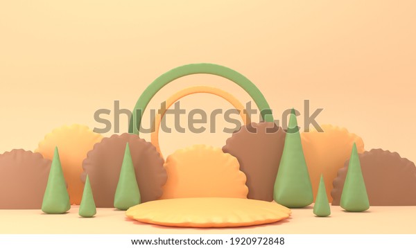 Summer camp on a green lawn with empty pedestal. Clouds,\
trees and plasticine mountains. Cute illustration in pastel colors.\
Minimal 3d art style. Empty space for advertising baby products\
