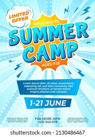 Summer Camp Poster. Child Journey, Camping Comic Style Flyer. School Kids Vacation Ad Brochure Design, Fun Adventures Recent Template