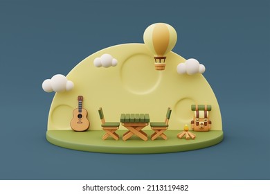 Summer Camping Concept With Wooden Table ,bonfire,guitar,bagpack And Hot Air Balloon On Camping Site,holiday Vacation.minimal Style.3d Rendering.