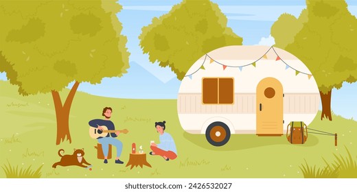 Summer camping, picnic in forest near camper van illustration. Cartoon campsite place with couple, man playing guitar, girl drinking coffee background. Wanderlust, vanlife, vacation concept - Powered by Shutterstock