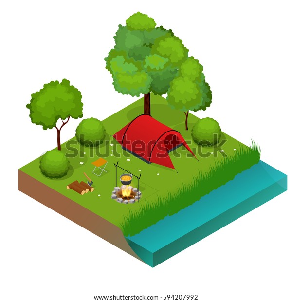 Summer\
Camping and tent near a river or lake. Flat 3d isometric\
illustration. Vacation and holiday\
concept.