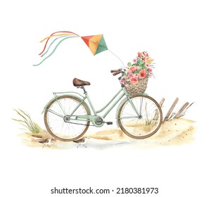 Summer card with bicycle, wicker basket, flowers, birds sandpipers and kite, watercolor illustration isolated on white background, summer travel symbol, emblem ecology transport, healthy lifestyle.