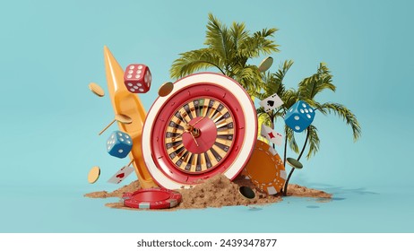 Summer casino game concept with chips, dice and roulette. Island with palm trees and sand - relaxation and entertainment. Background for online casino advertising.