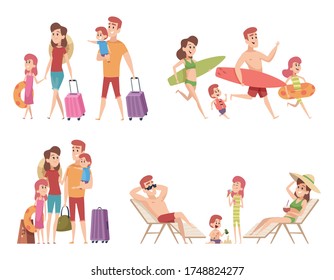 Summer characters. Family couple travellers with kids going to vacation at beach sea or ocean tropical nature cartoon set - Powered by Shutterstock