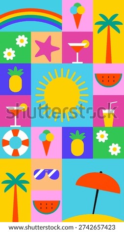 Summer checkered pattern with geometric minimal beach and tropical icons, simple shapes forms. Abstract background with summer holidays. Vertical illustration. 9:16 format.
