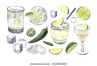 Summer cocktail set, spicy lime margarita in a short glass and salt, ice, jalapeno. Watercolor hand-drawn illustration isolated on white background. Perfect for recipe alcoholic lists with drinks - Powered by Shutterstock