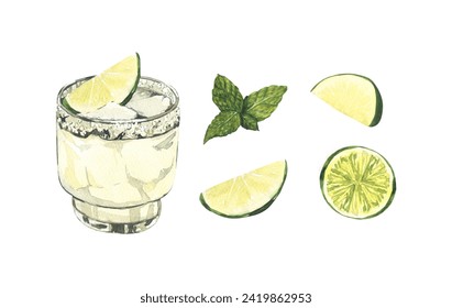 Summer cocktail spicy lime margarita in a short glass. Watercolor hand-drawn illustration isolated on white background. Perfect for recipe alcoholic lists with drinks, brochures for cafe - Powered by Shutterstock