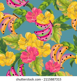 Summer colorful  seamless pattern with tropical plants and bananas flowers, Digital illustration. Fabric textille