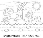 summer coloring page for kids. black and white design with beach vacation objects like beach ball, sand castle, umbrella, also marine fish in the sea. you can print it on standard 8.5x11 inch paper