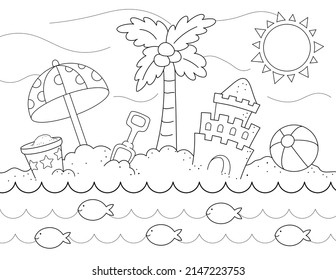 summer coloring page for kids. black and white design with beach vacation objects like beach ball, sand castle, umbrella, also marine fish in the sea. you can print it on standard 8.5x11 inch paper