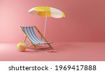 Summer Concept. Deck Chair with Sunshade and Color Beach Ball on Pink Studio background. 3d rendering